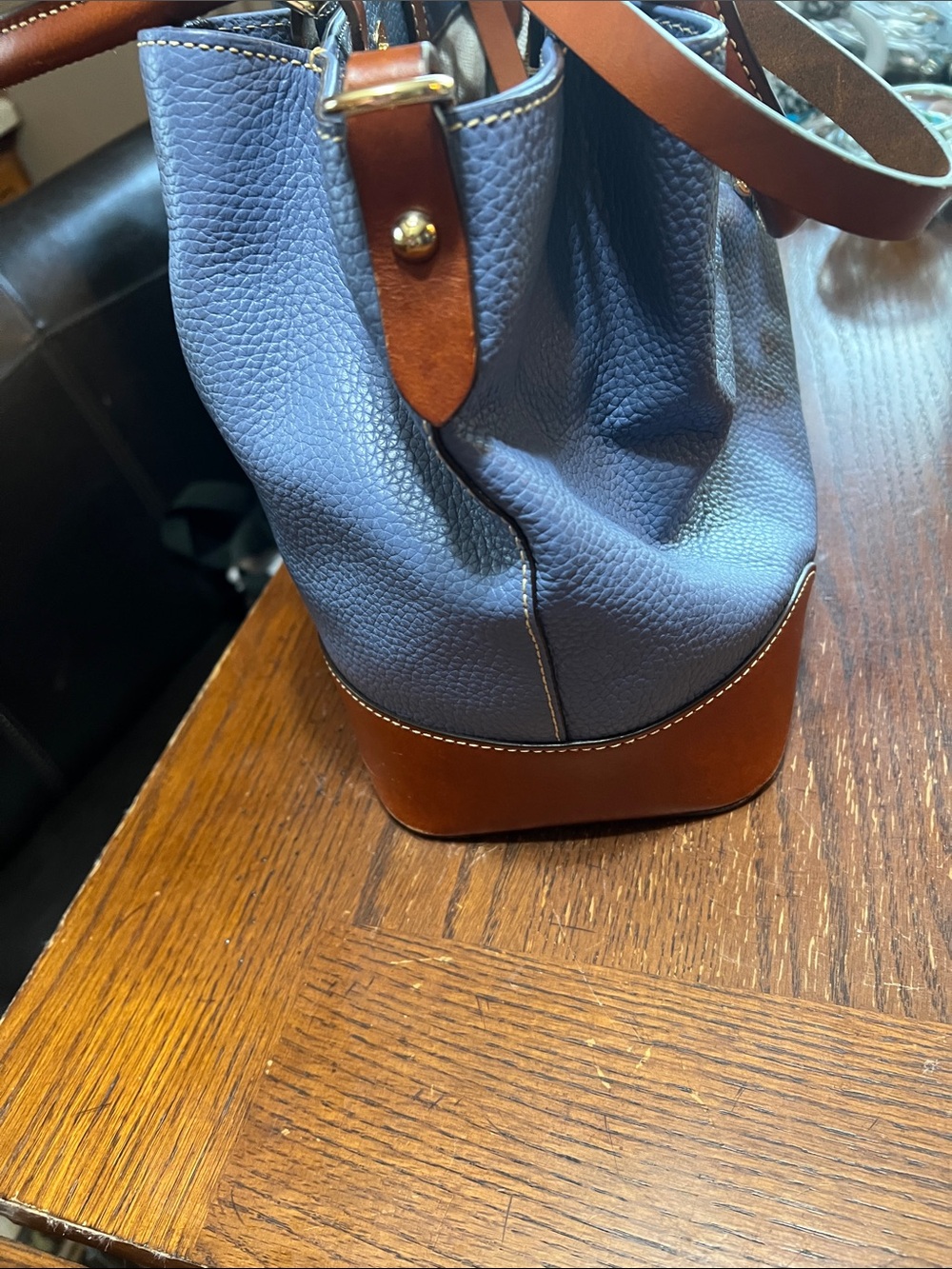 Dooney & Bourke Blue Pebbled Leather Satchel with Brown Trim - Picture 3 of 12